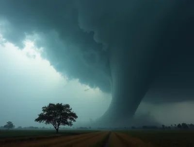 Massive Supercell Tornado Looming Over Rural Landscape