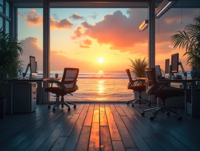 Modern Office Workspace Overlooking A Tropical Ocean Sunset