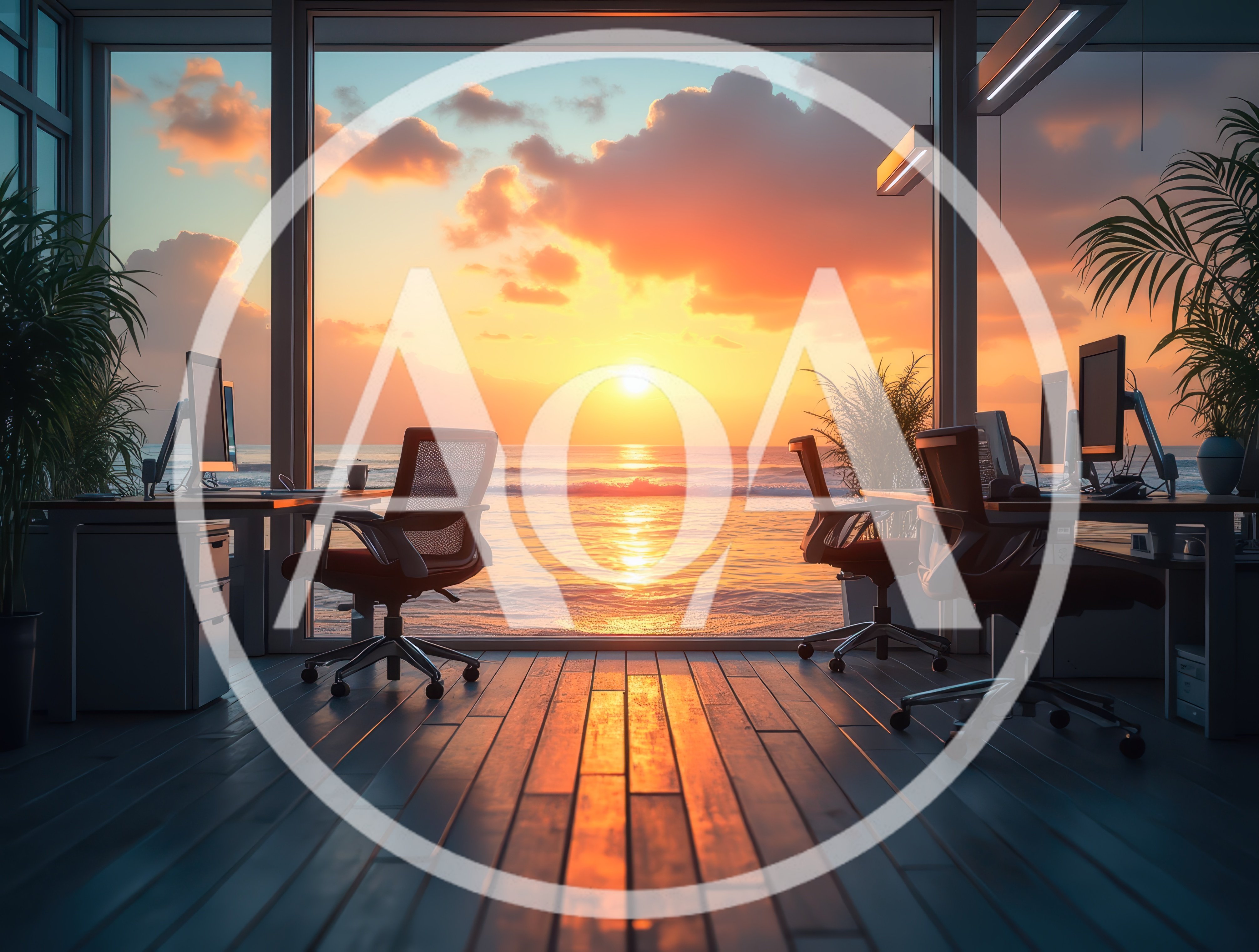 Modern Office Workspace Overlooking A Tropical Ocean Sunset