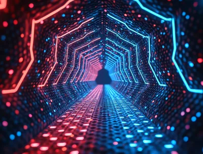 Futuristic Hexagonal Tunnel With Neon Red And Blue Lights