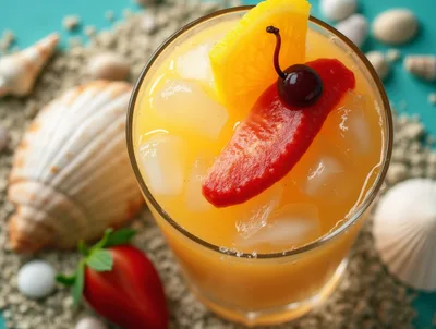 Tropical Cocktail With Fruit Garnish On Sandy Beach