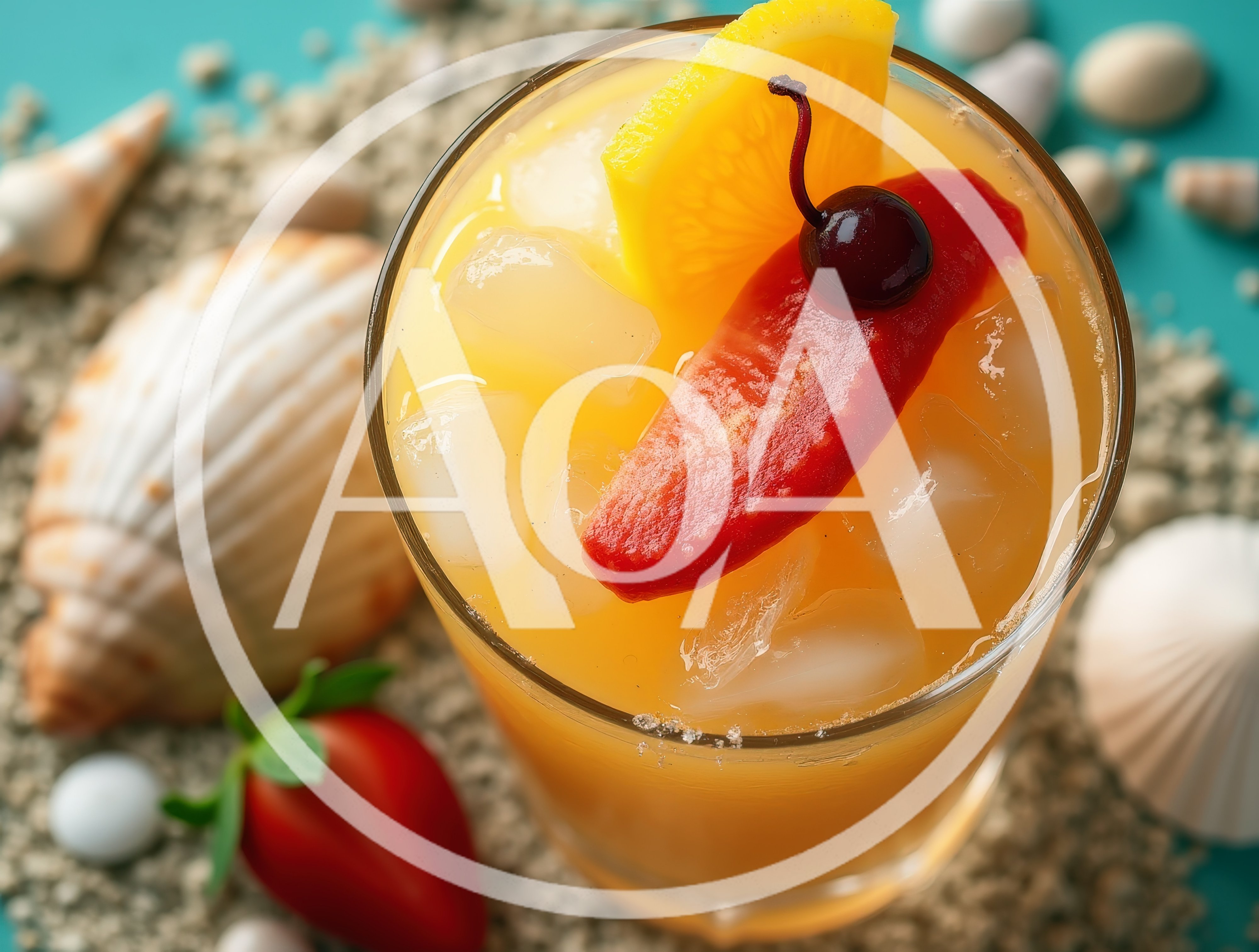Tropical Cocktail With Fruit Garnish On Sandy Beach