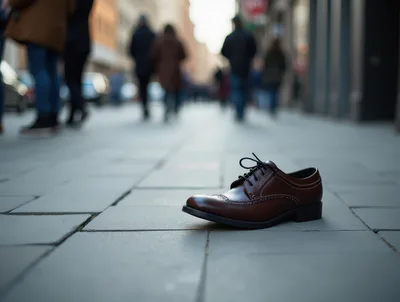Single Brown Leather Dress Shoe Left on City Sidewalk