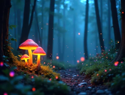Glowing Bioluminescent Mushrooms In A Misty Enchanted Forest