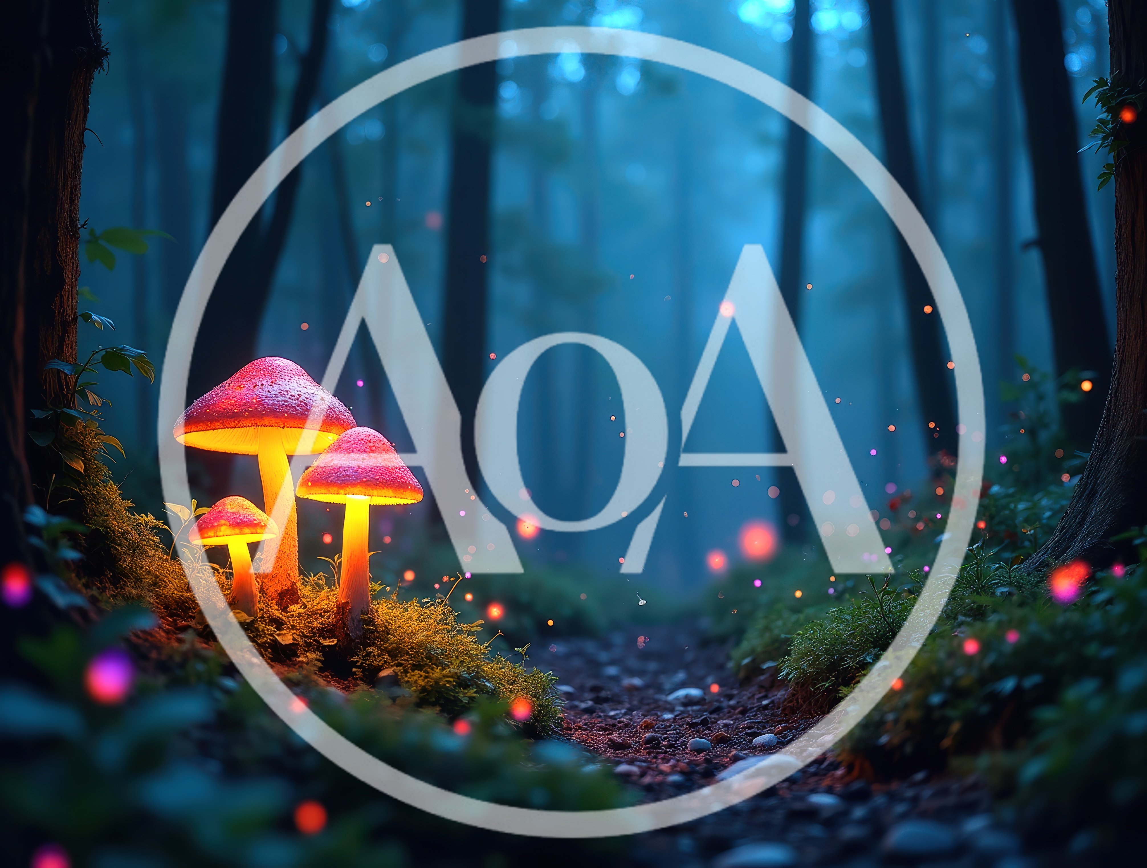Glowing Bioluminescent Mushrooms In A Misty Enchanted Forest