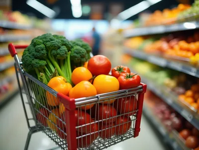 Shopping Cart Filled With Fresh Vegetables In Supermarket