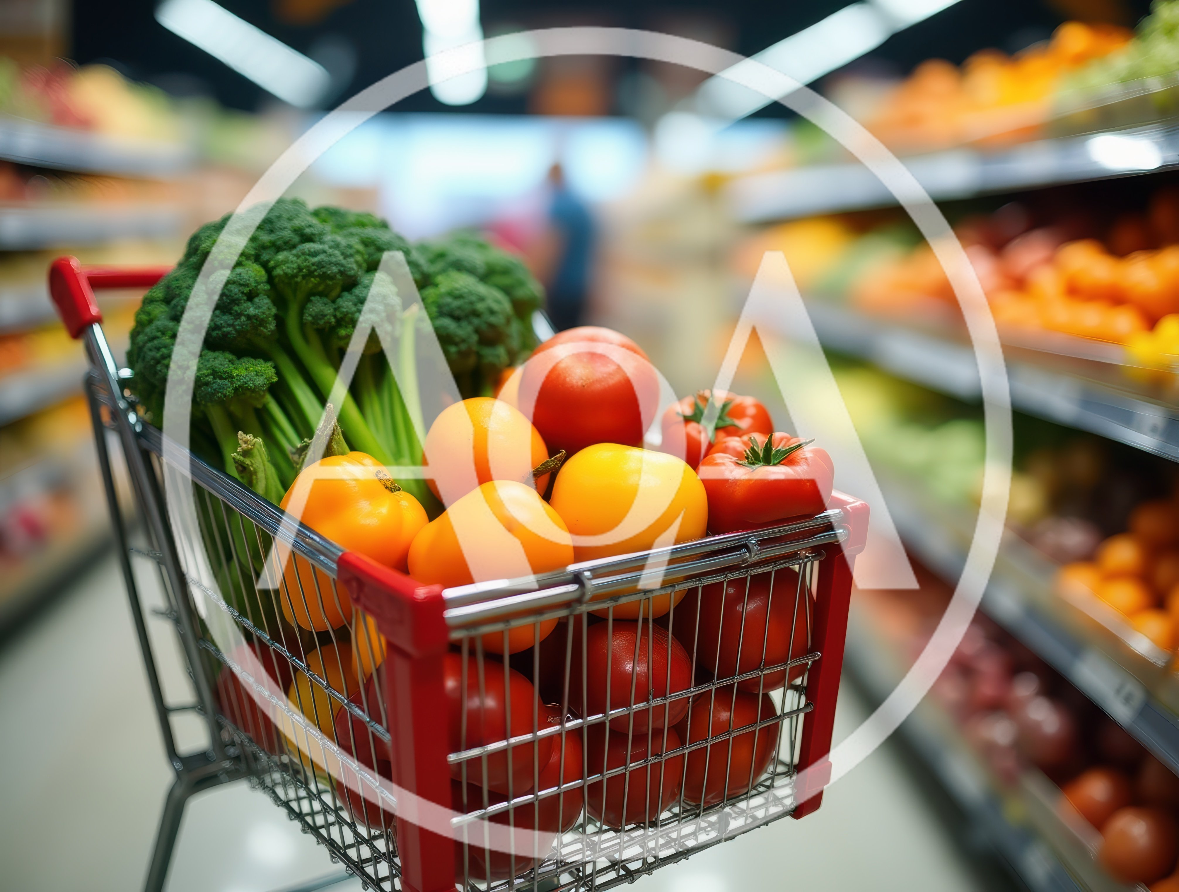 Shopping Cart Filled With Fresh Vegetables In Supermarket