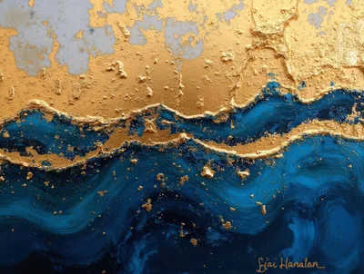 Abstract Gold And Blue Fluid Acrylic Painting