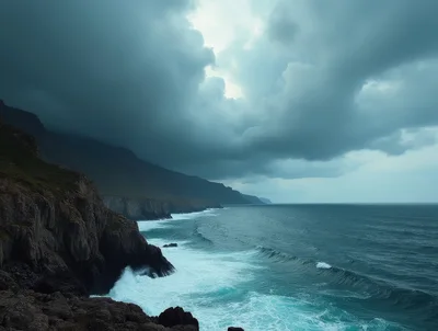 Dramatic Coastal Cliffs With Crashing Waves Under Stormy Skies
