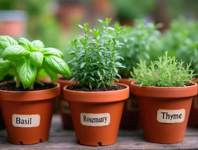 Potted Herb Plants With Labels On Wooden Table