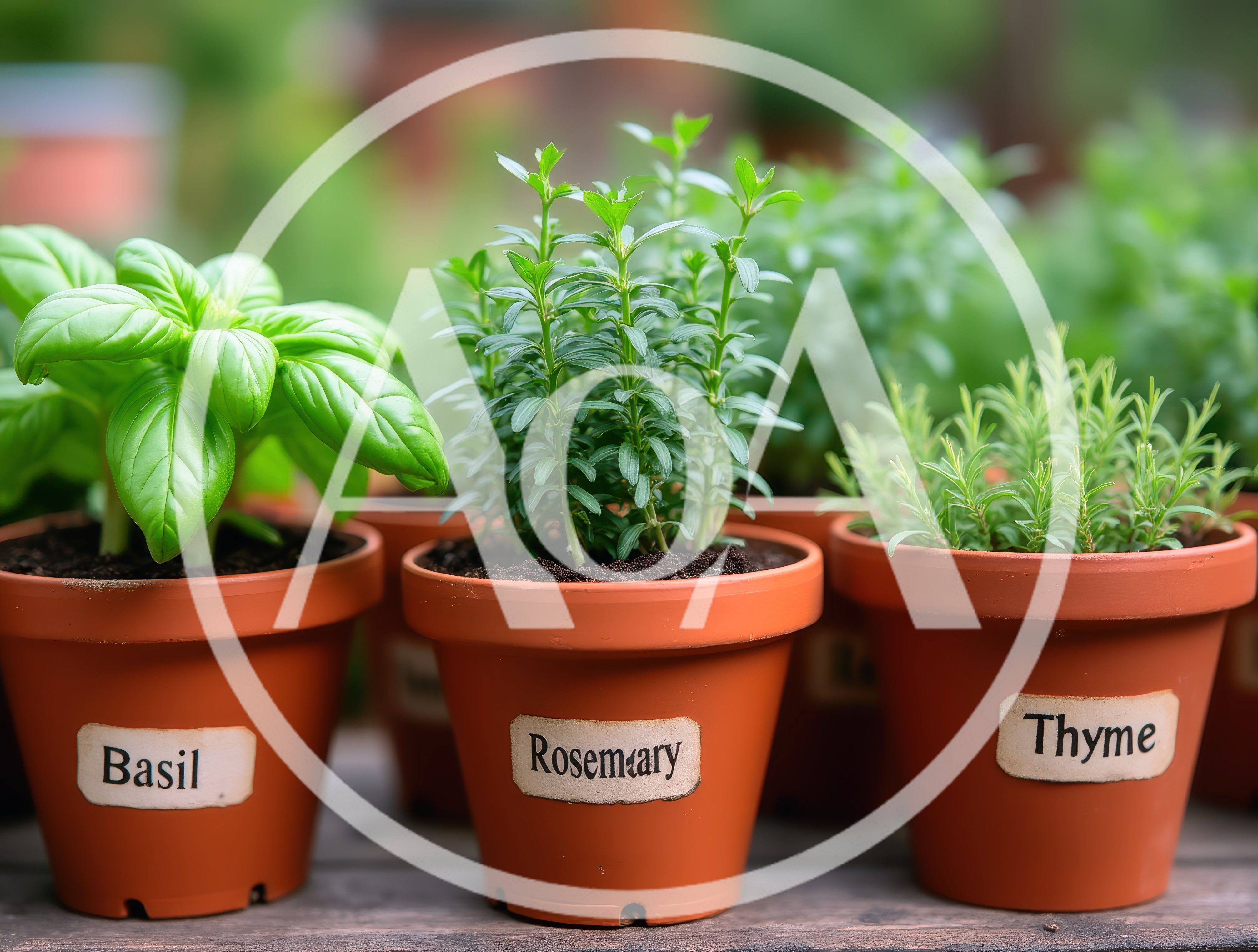 Potted Herb Plants With Labels On Wooden Table