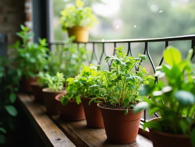Potted Herb Garden On A Sunny Window Sill