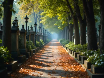 Autumn Path Through A Serene Cemetery Alley