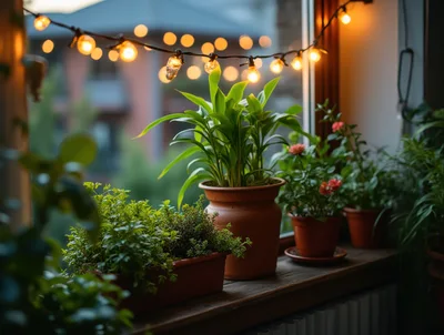 Potted Plants on a Window Sill with String Lights