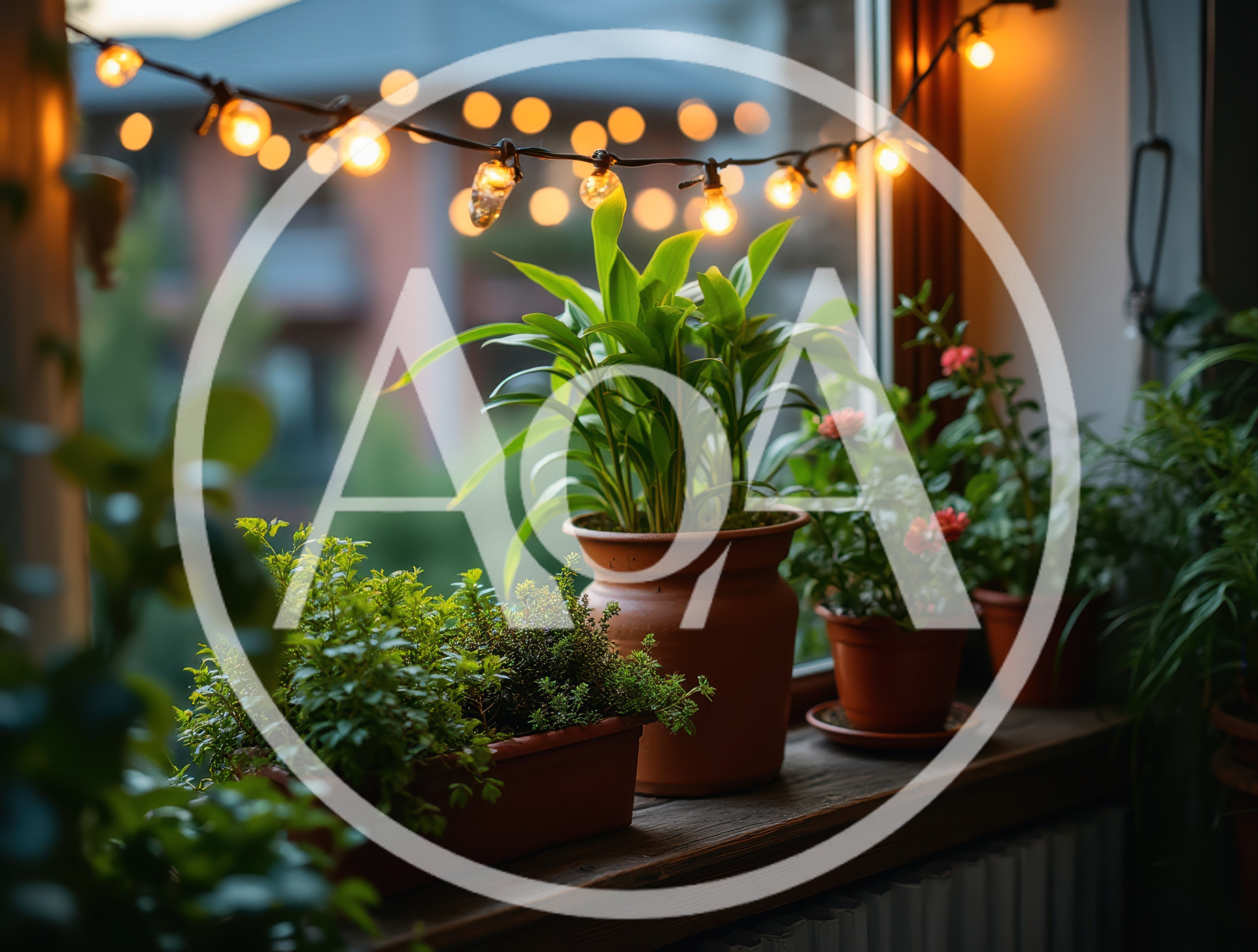 Potted Plants on a Window Sill with String Lights