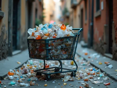 Shopping Cart Filled With Plastic Waste In Narrow Alley
