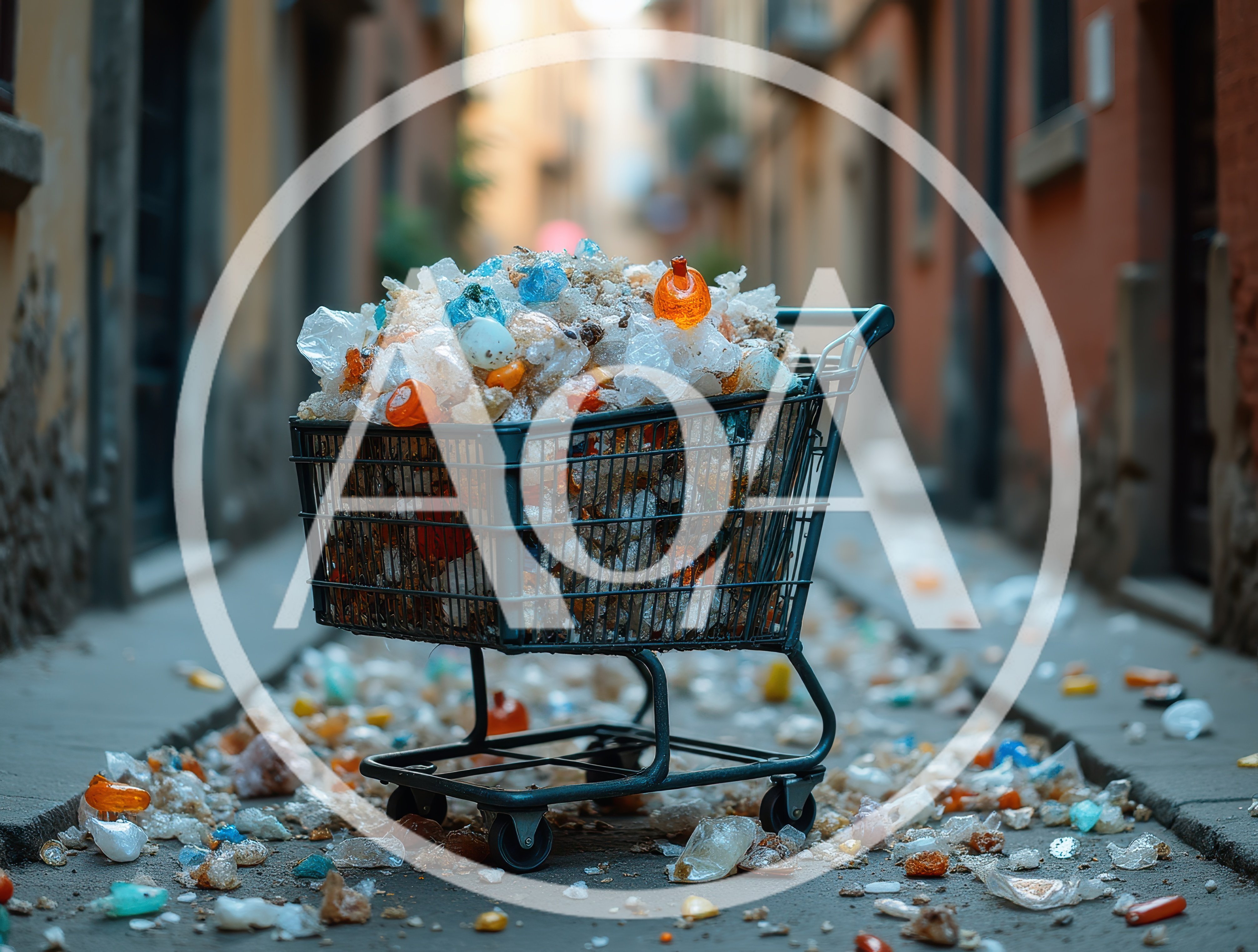 Shopping Cart Filled With Plastic Waste In Narrow Alley