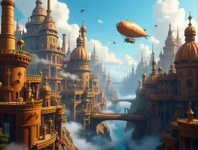 Steampunk Fantasy City With Floating Airship Above Clouds