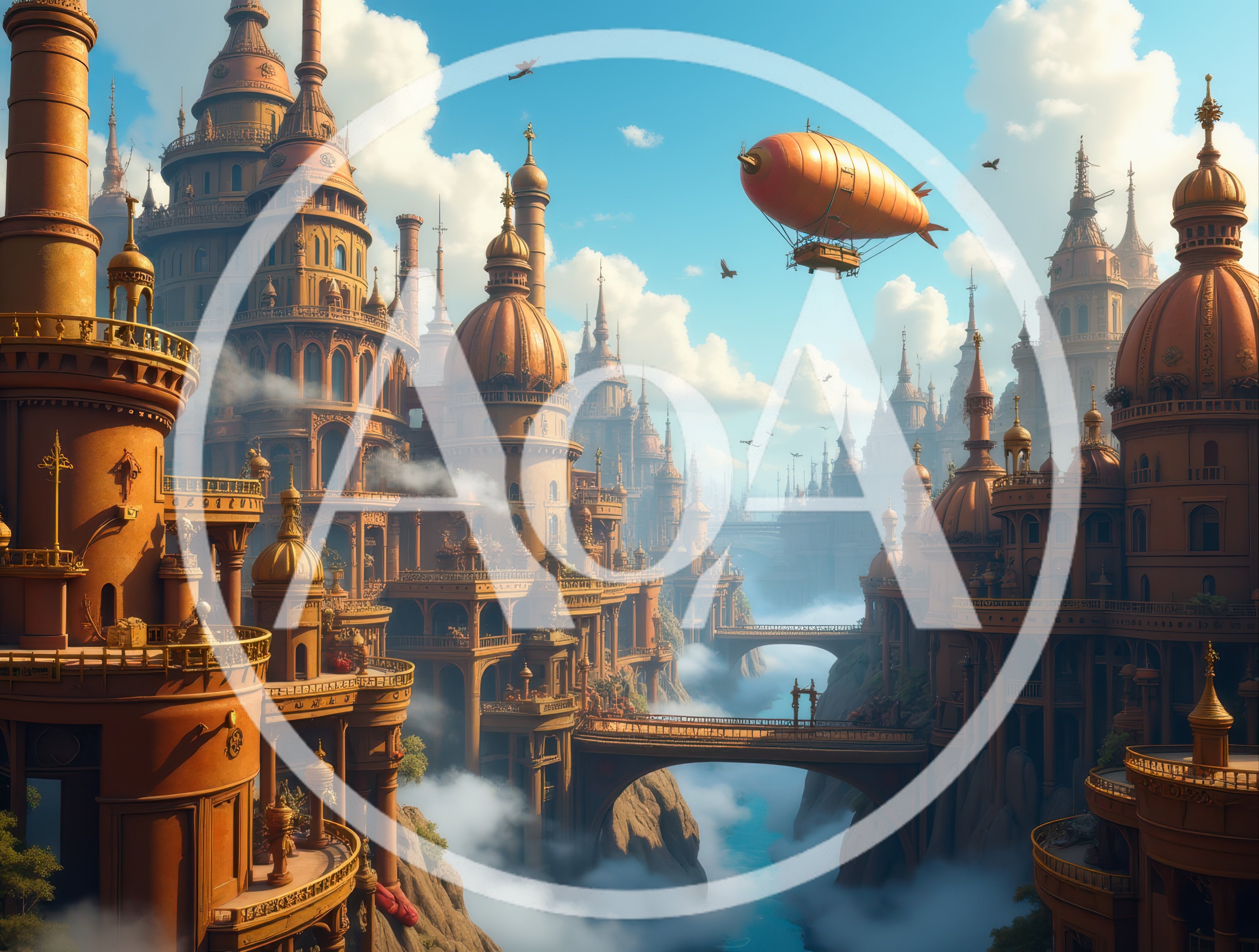 Steampunk Fantasy City With Floating Airship Above Clouds