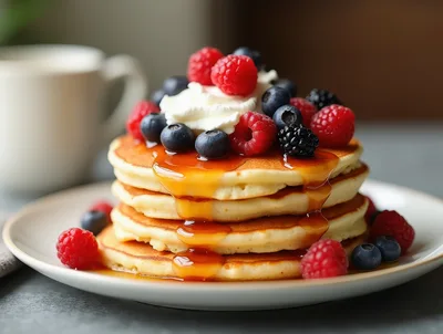 Stack Of Pancakes With Fresh Berries And Syrup