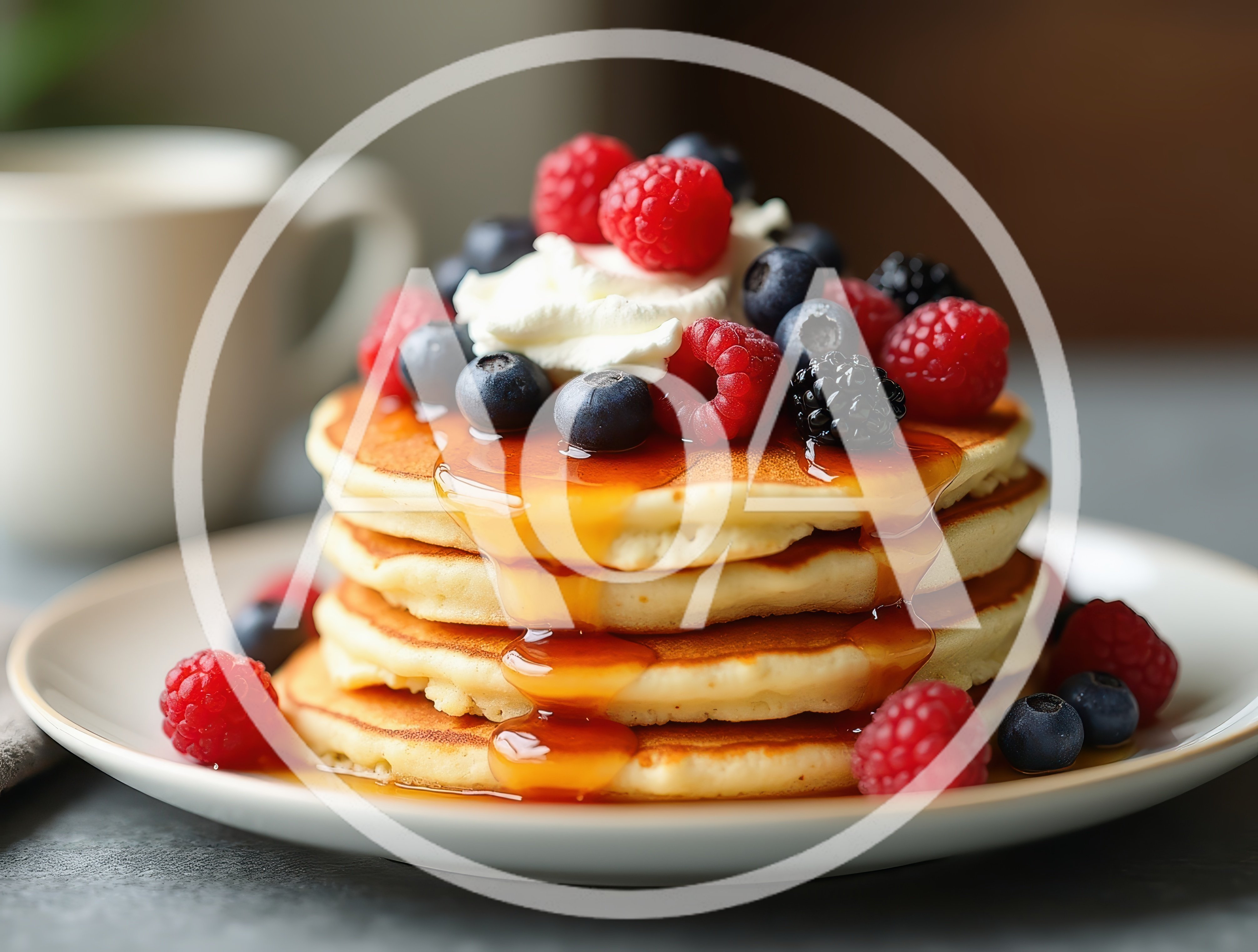 Stack Of Pancakes With Fresh Berries And Syrup
