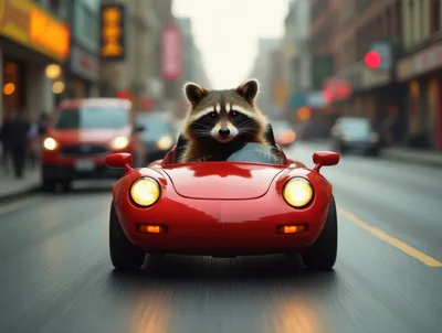 Raccoon Driving A Red Sports Car In City Traffic