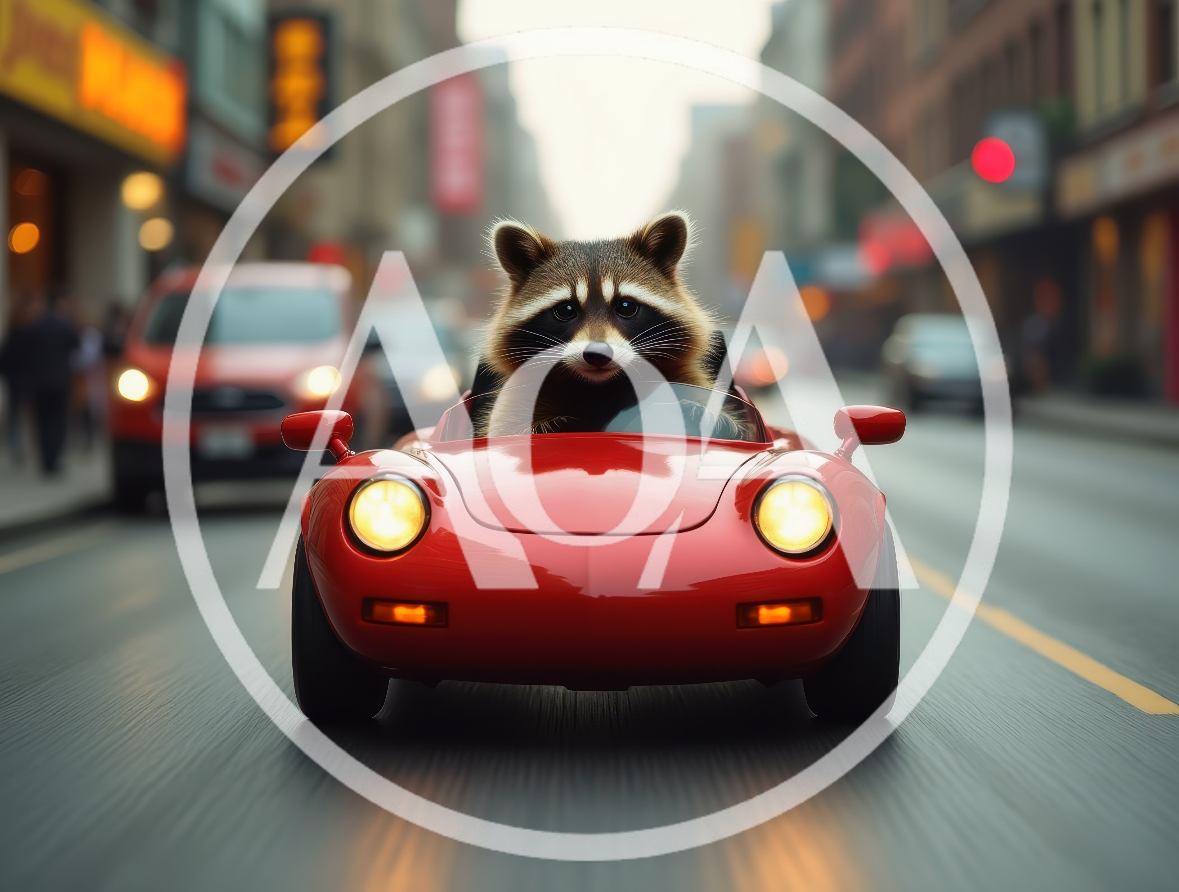 Raccoon Driving A Red Sports Car In City Traffic