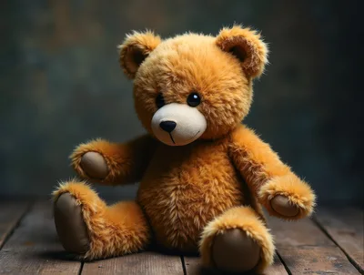Fluffy Brown Teddy Bear Sitting On Wooden Floor