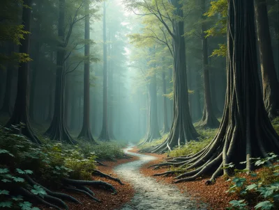 Winding Path Through A Misty Ancient Forest