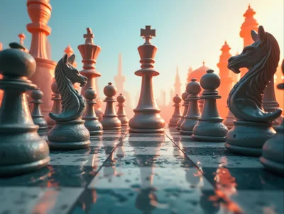 Chess Pieces On A Reflective Board At Sunset