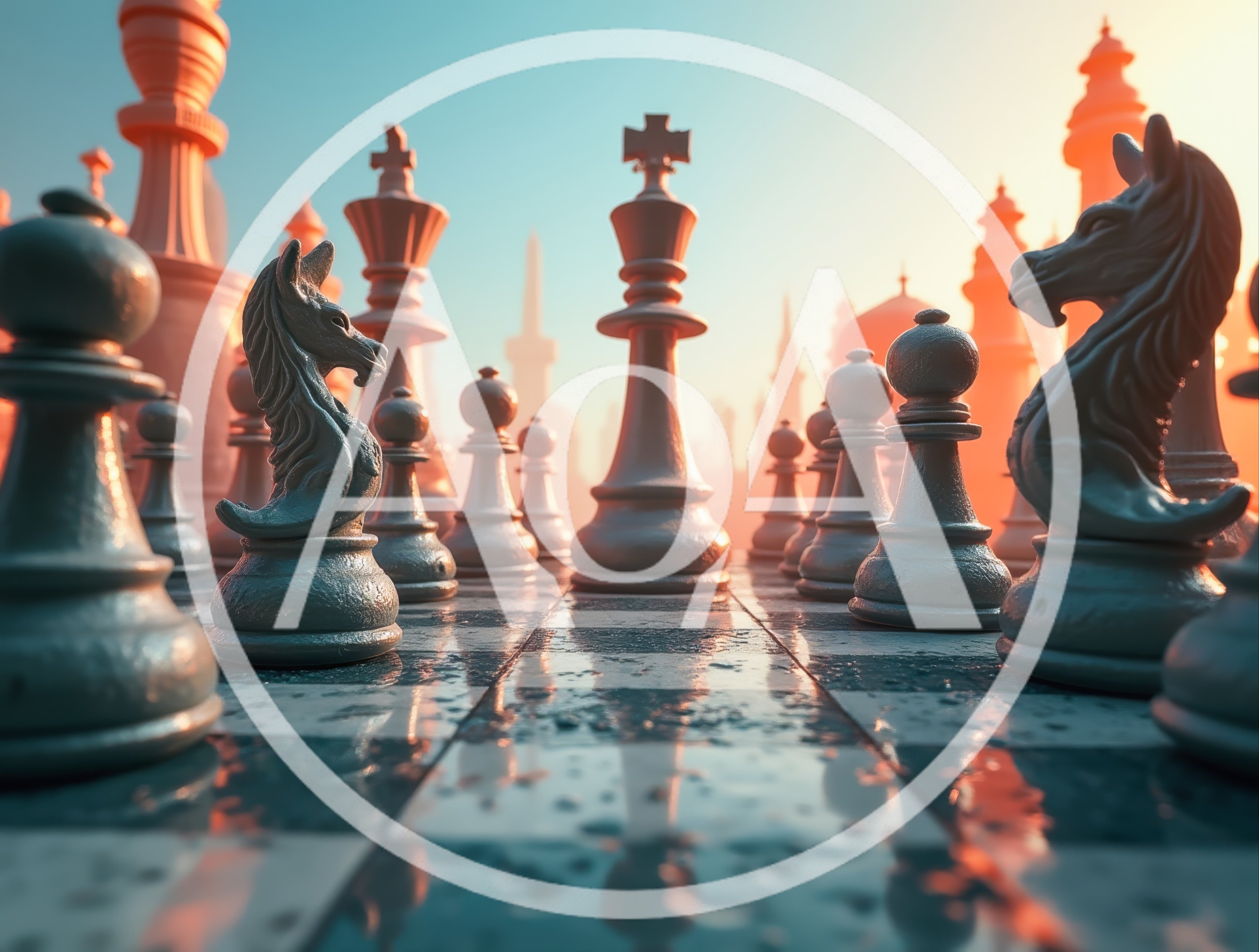 Chess Pieces On A Reflective Board At Sunset