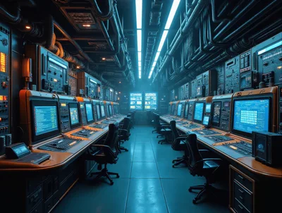 Futuristic Cyberpunk Command Center With Glowing Computer Terminals