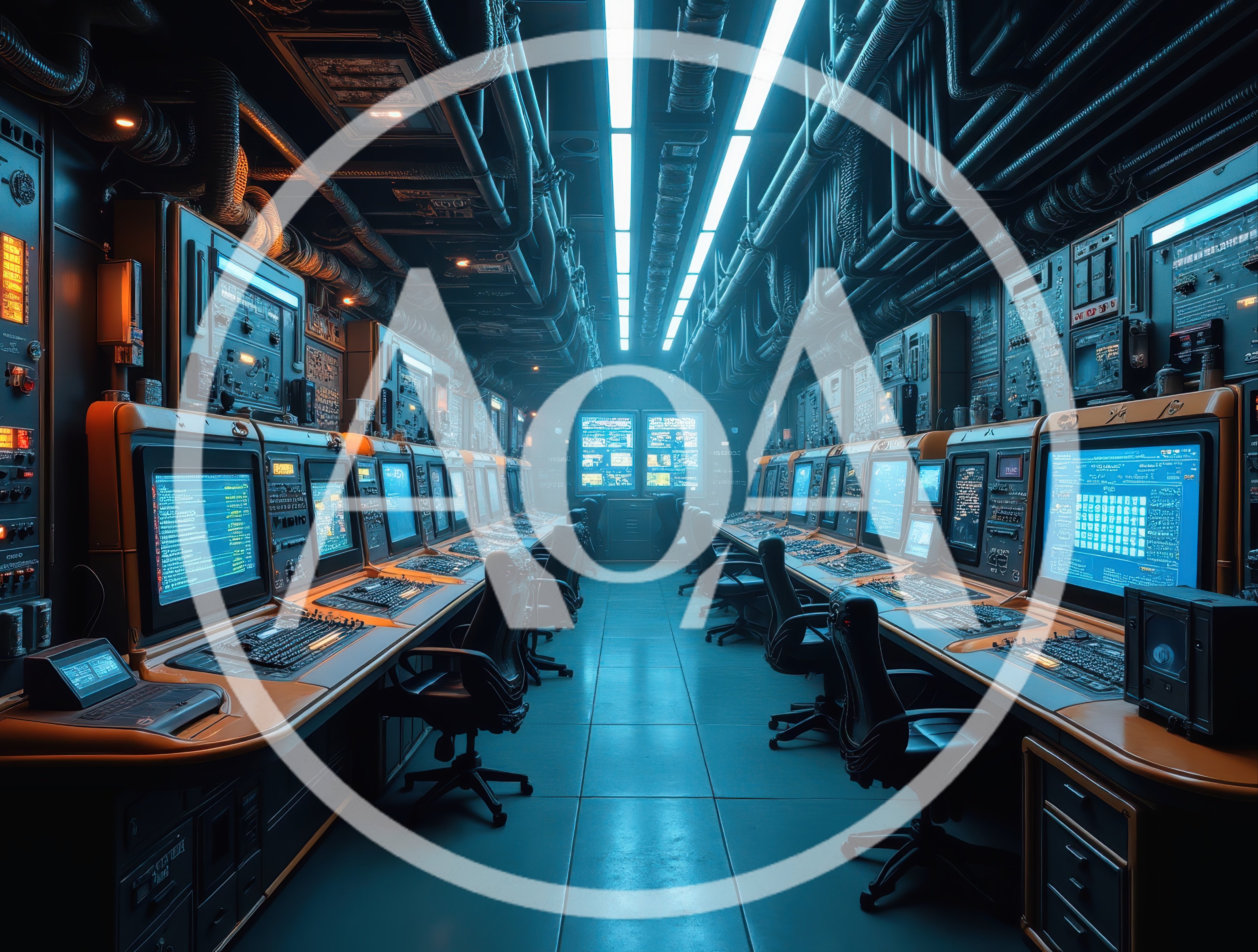 Futuristic Cyberpunk Command Center With Glowing Computer Terminals