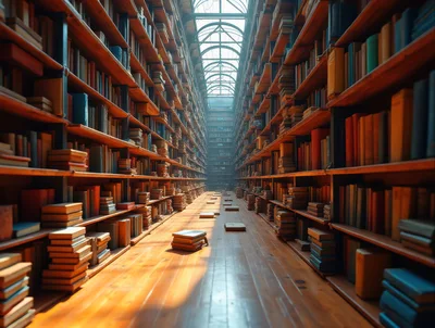 Grand Library Aisle With Tall Wooden Bookcases