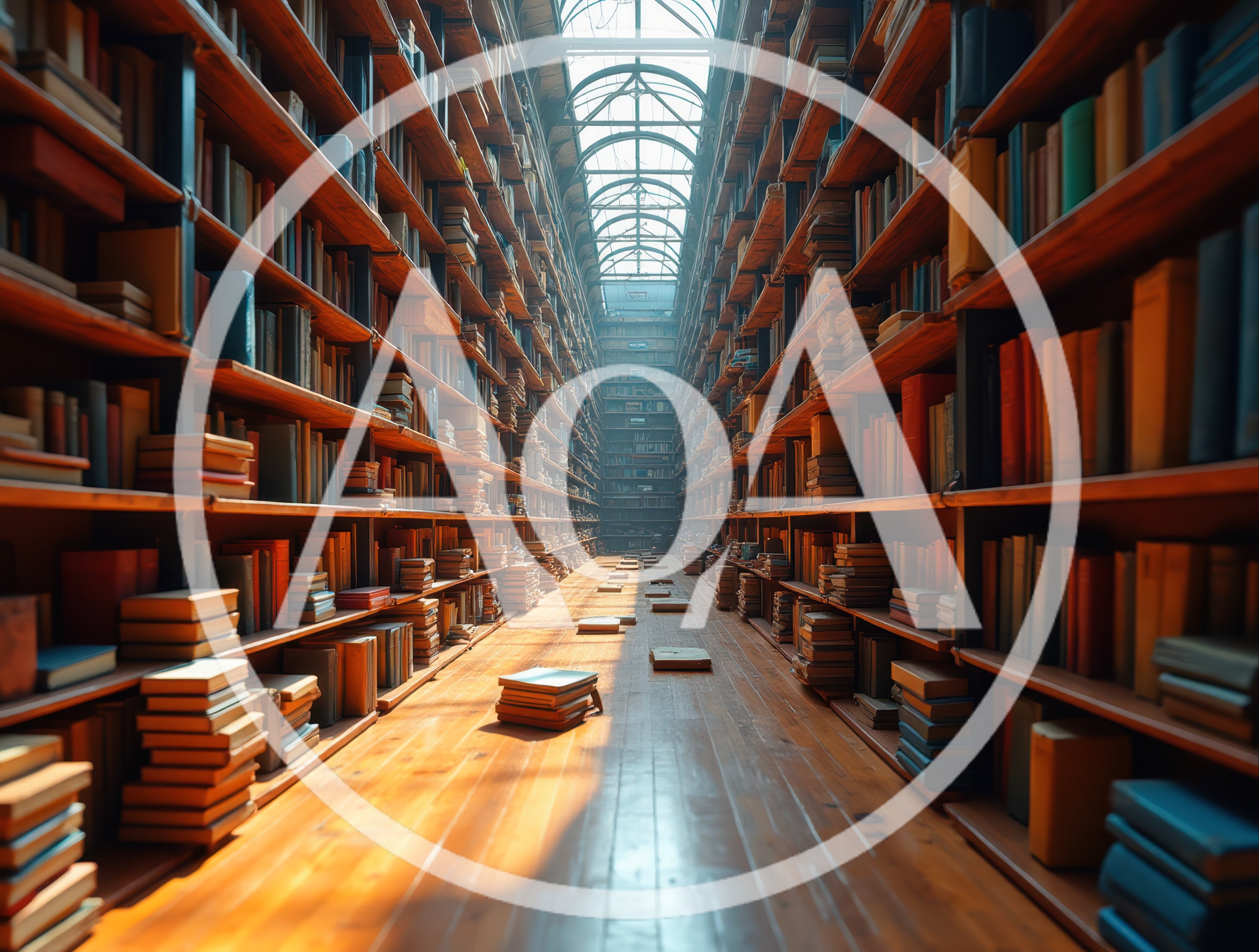 Grand Library Aisle With Tall Wooden Bookcases