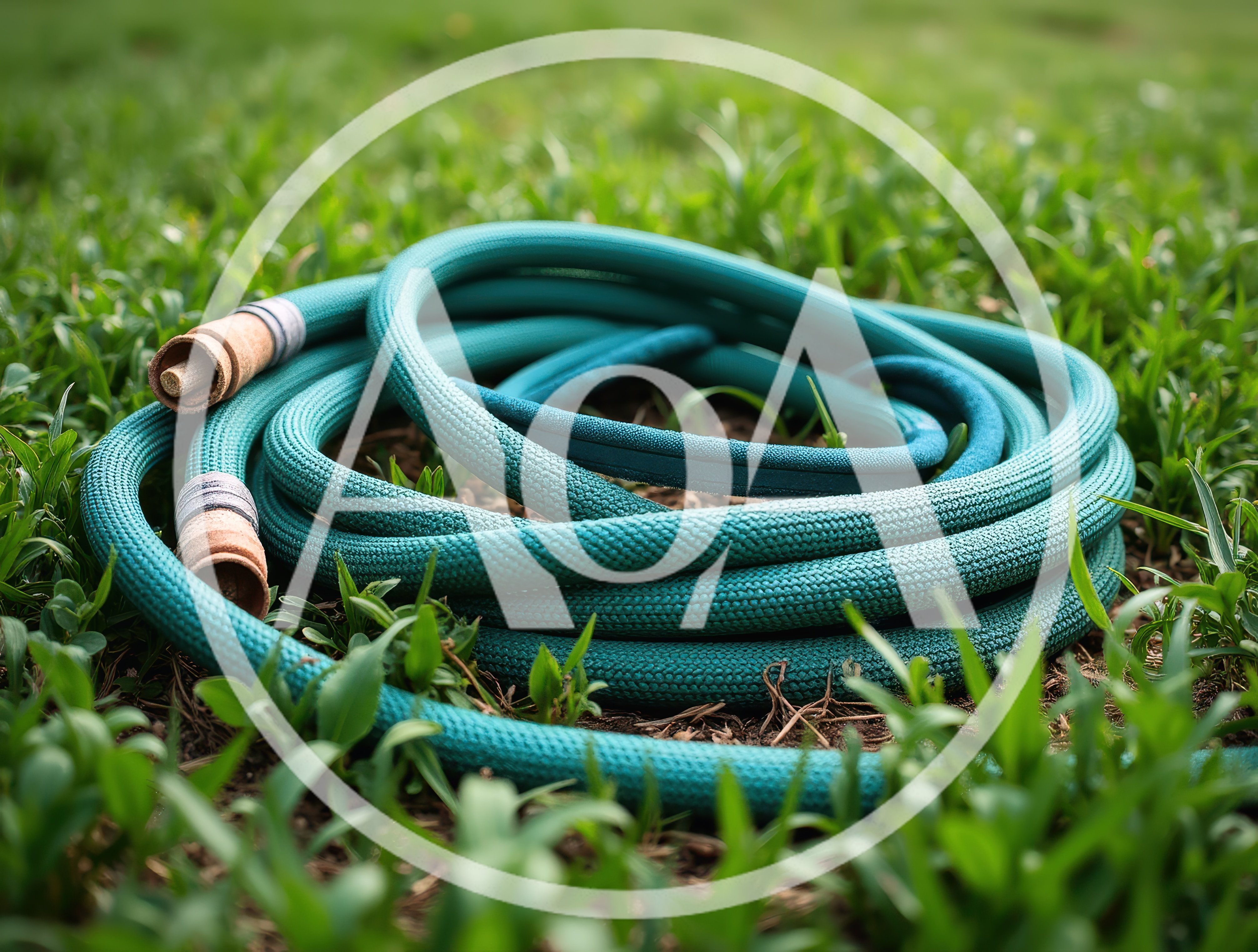 Coiled Teal Fabric Garden Hose On Green Grass