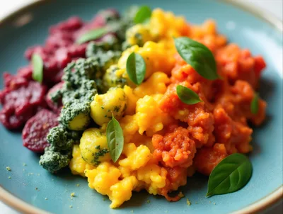 Colorful Rainbow Gnocchi Dish On A Blue Plate