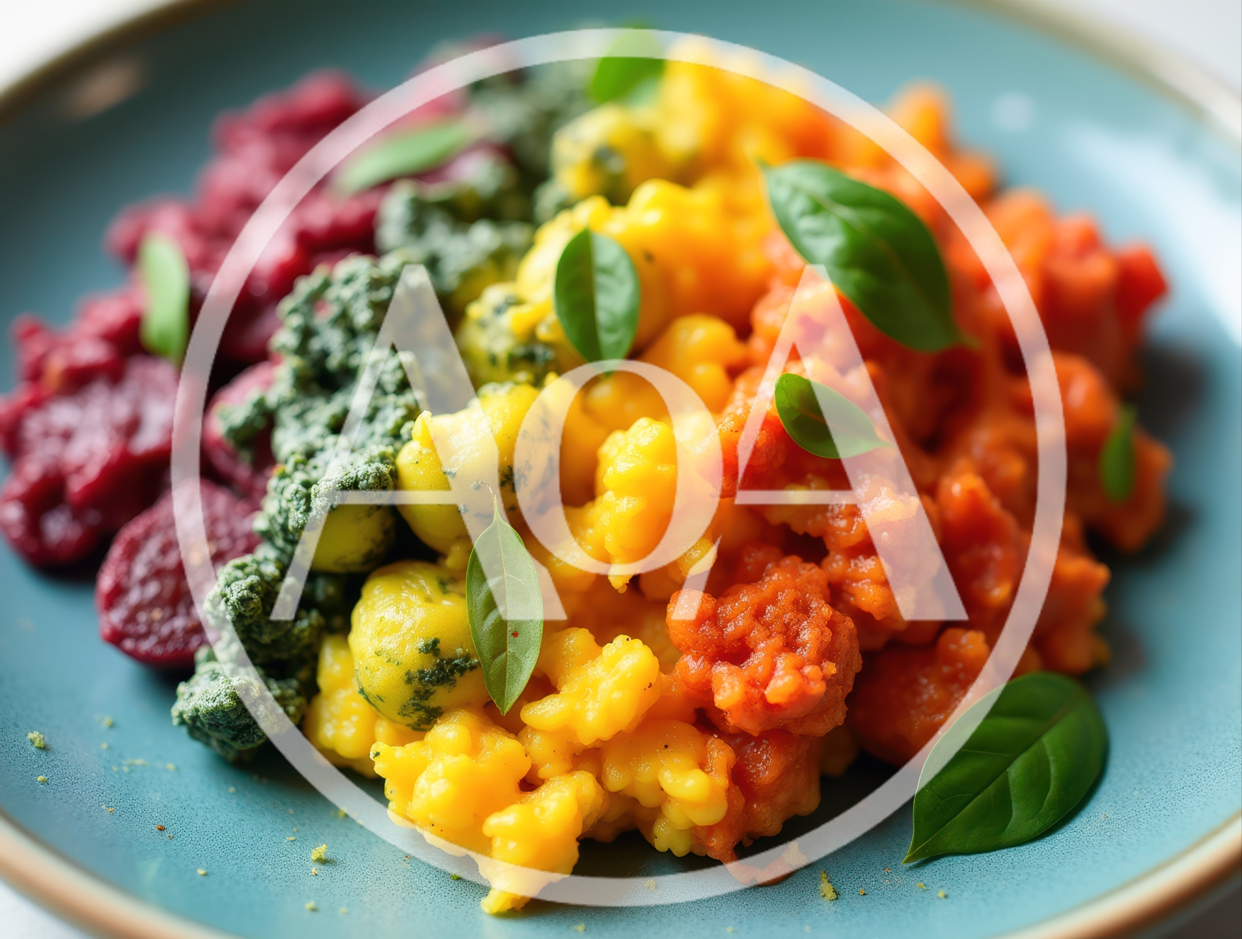 Colorful Rainbow Gnocchi Dish On A Blue Plate