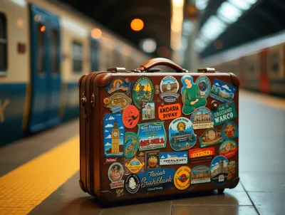 Vintage Leather Suitcase On A Train Station Platform
