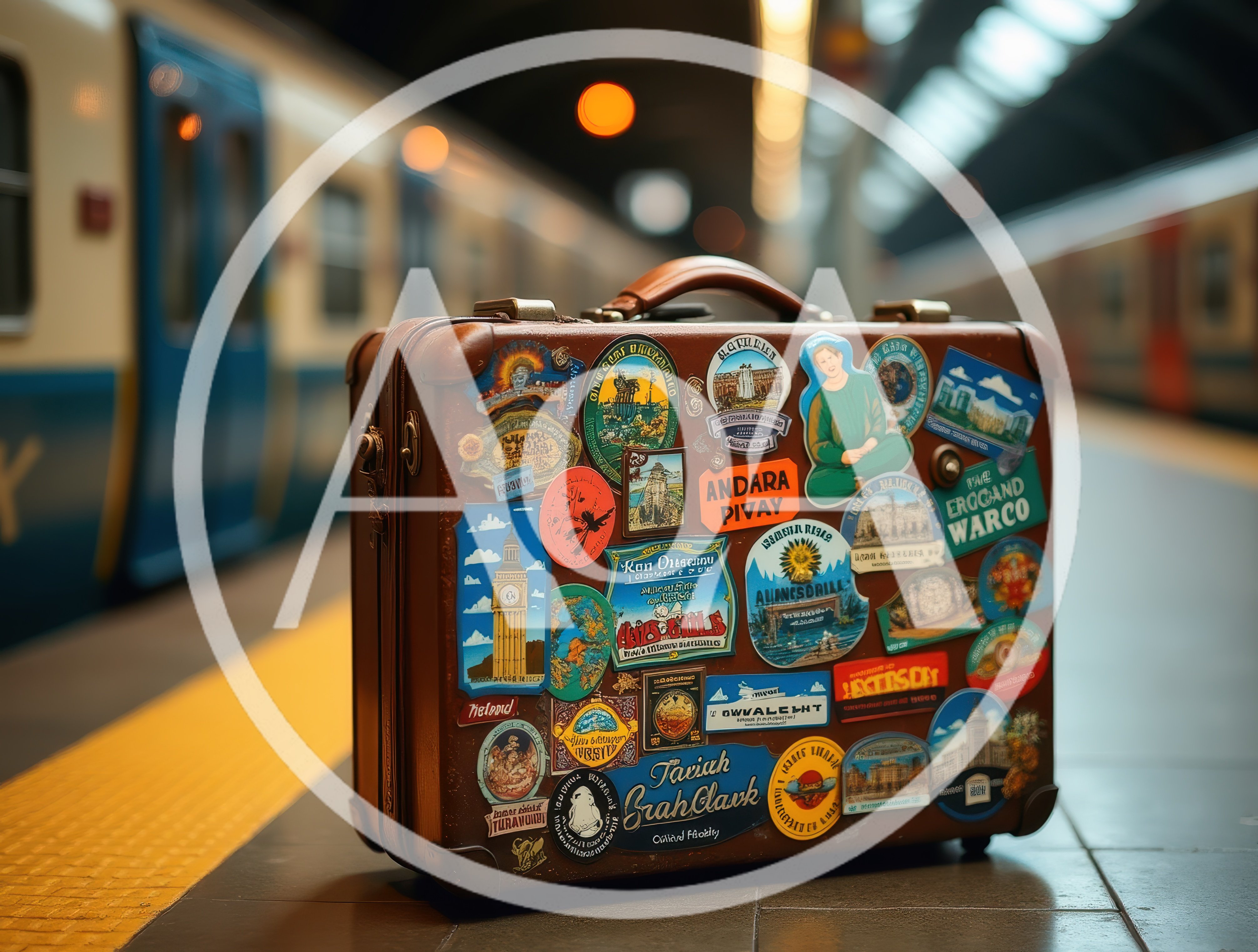 Vintage Leather Suitcase On A Train Station Platform