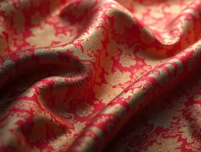 Red Silk Fabric With Gold Floral Pattern