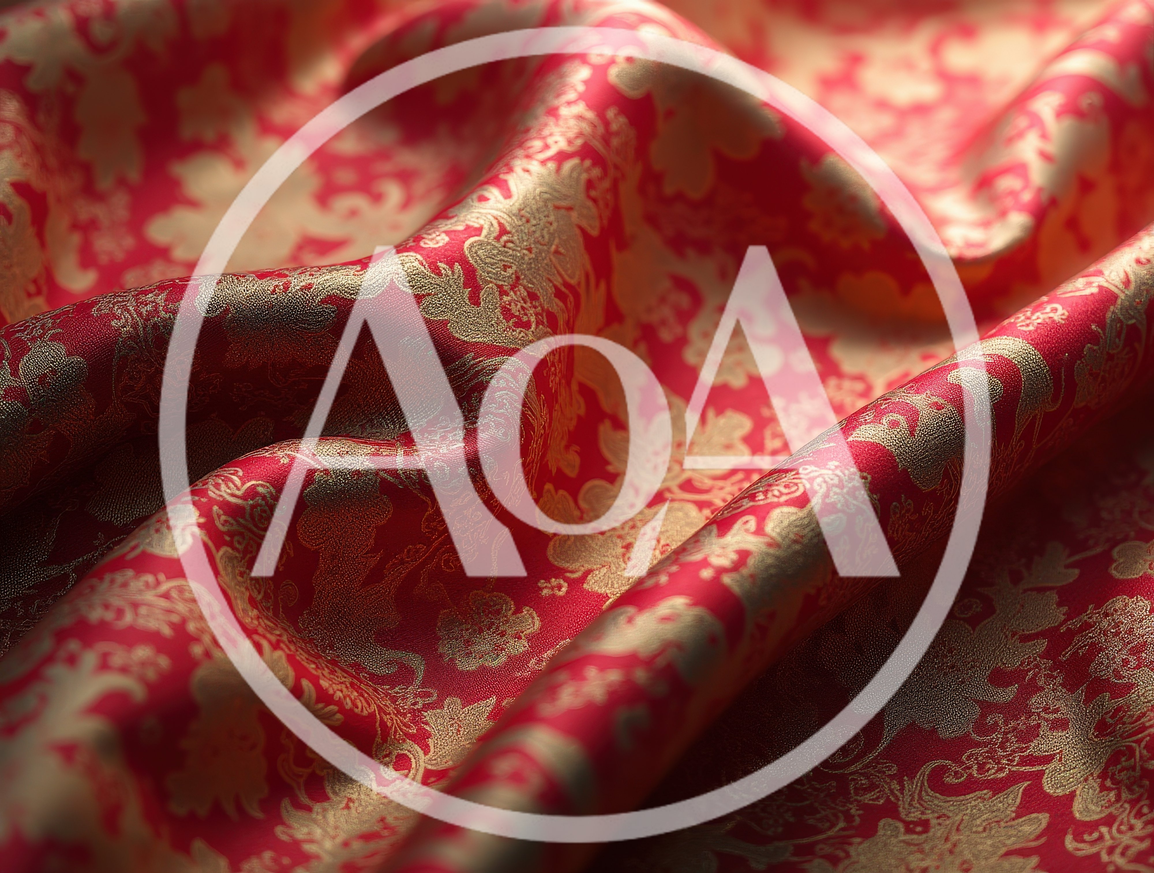 Red Silk Fabric With Gold Floral Pattern