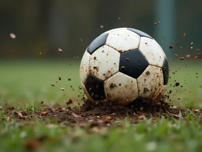Dirty Soccer Ball Impacting Muddy Grass Field