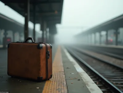 Vintage Brown Suitcase Sitting On A Foggy Train Platform
