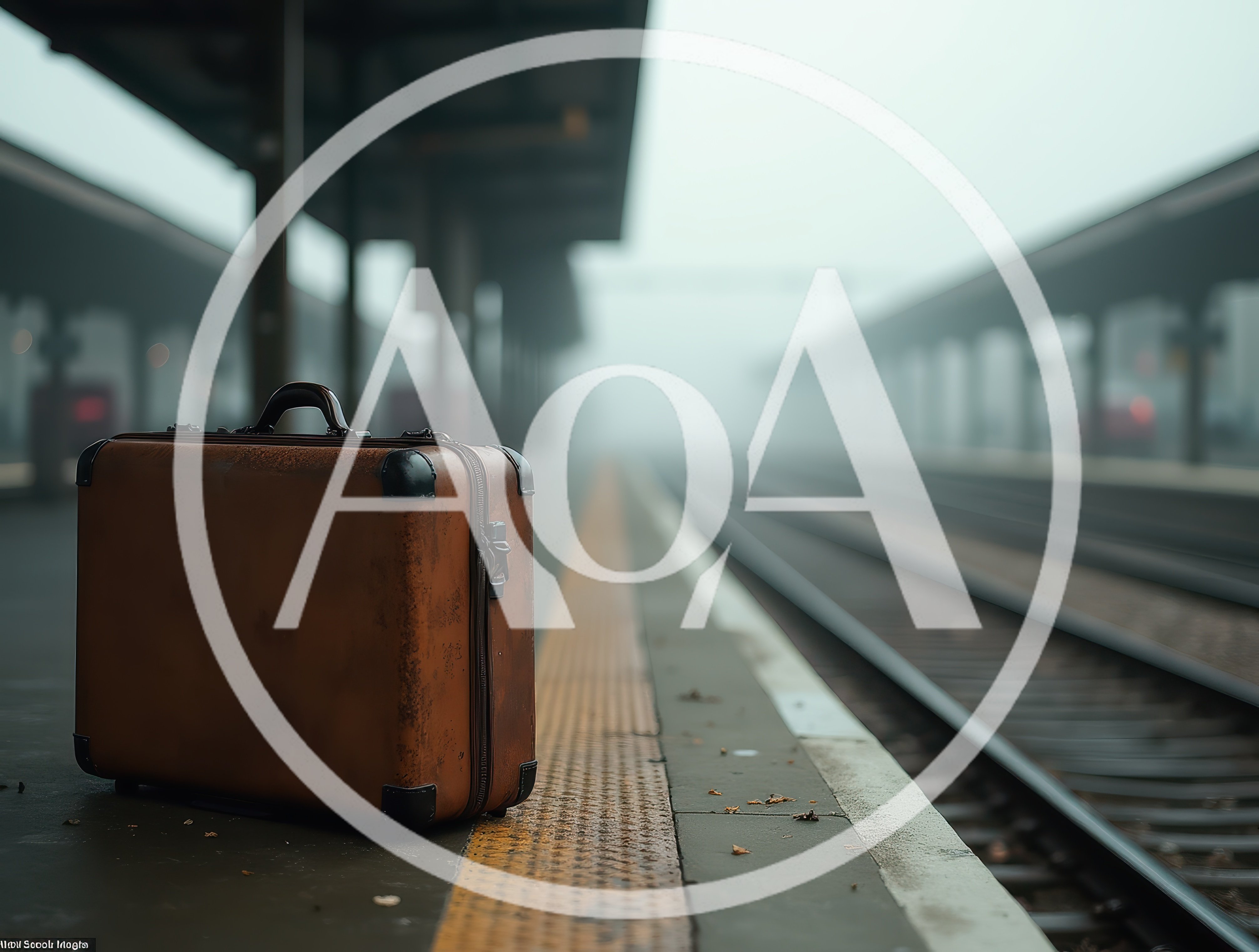 Vintage Brown Suitcase Sitting On A Foggy Train Platform