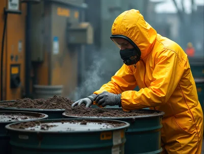 Hazmat Worker Inspecting Industrial Waste in Barrels