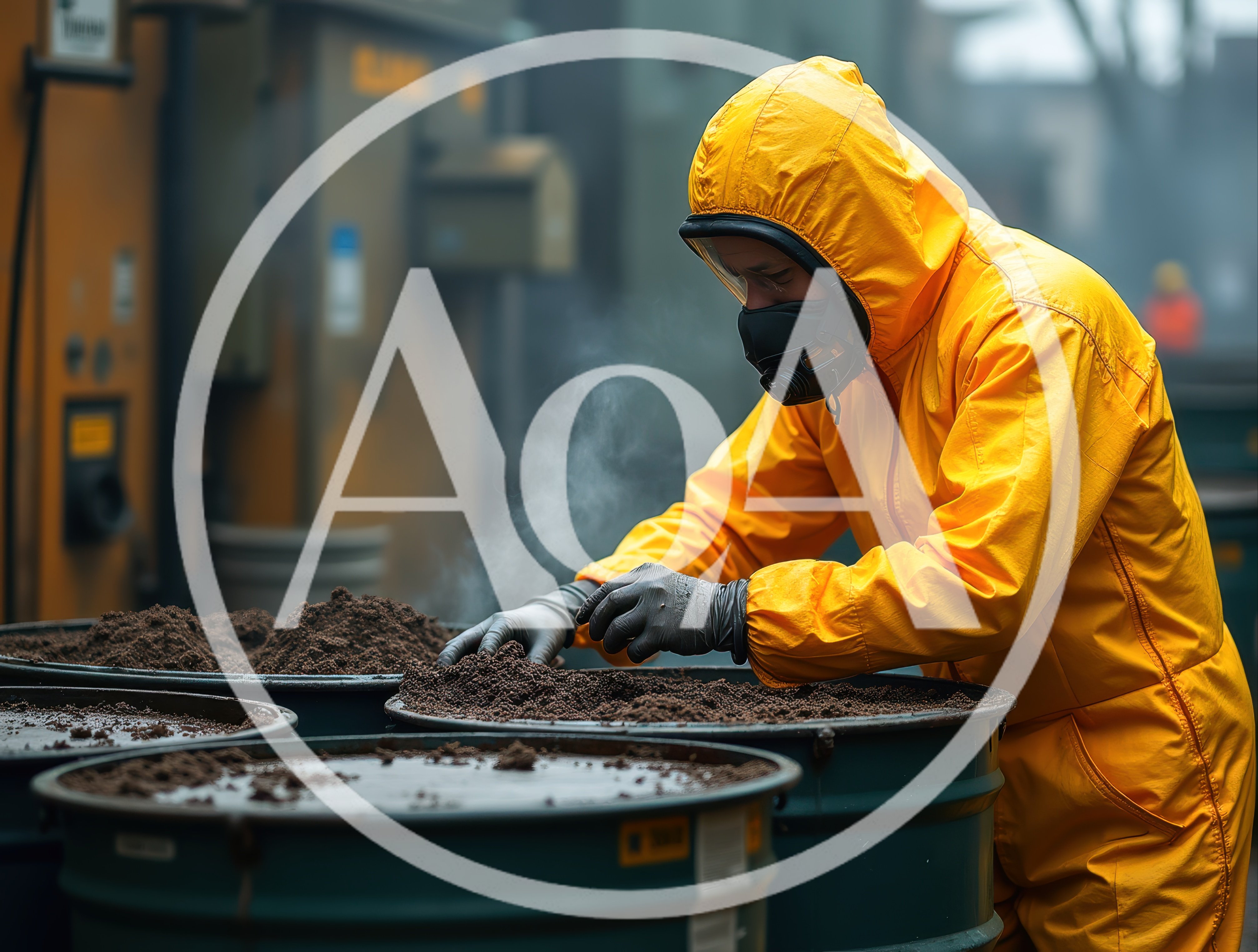 Hazmat Worker Inspecting Industrial Waste in Barrels