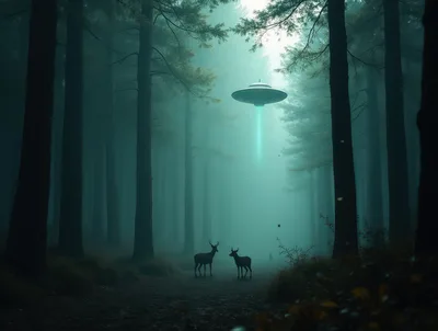 UFO Hovering Above Two Deer In A Misty Forest