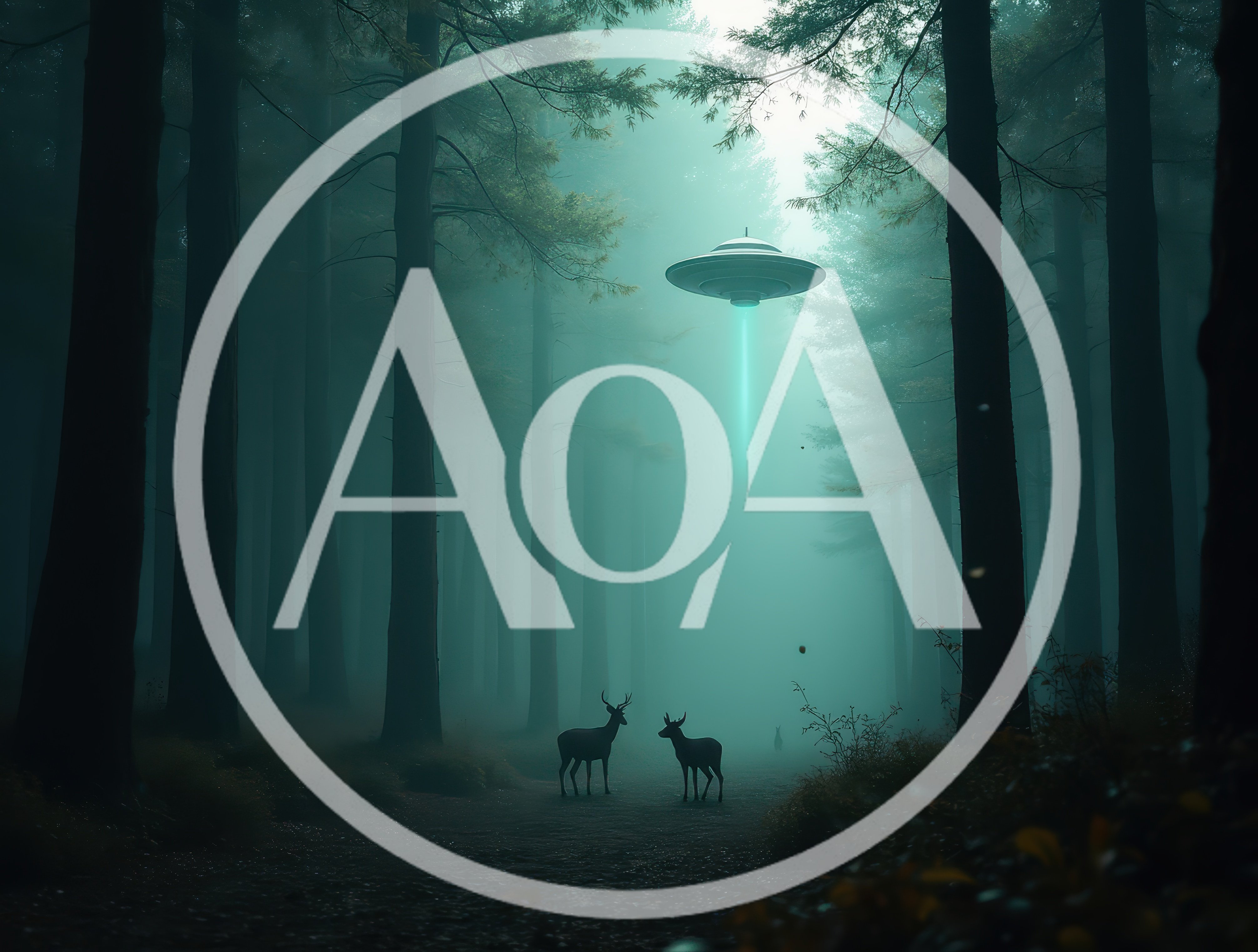 UFO Hovering Above Two Deer In A Misty Forest