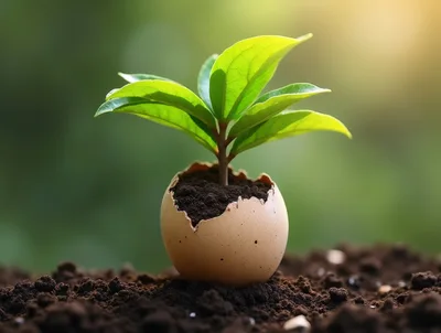 Small Green Plant Growing From Cracked Eggshell